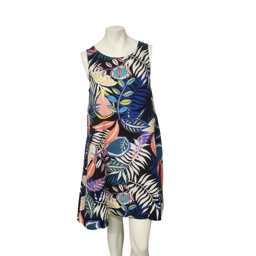 C&C California Women S Black Tropical Floral 100% Linen Sleeveless Shift Dress